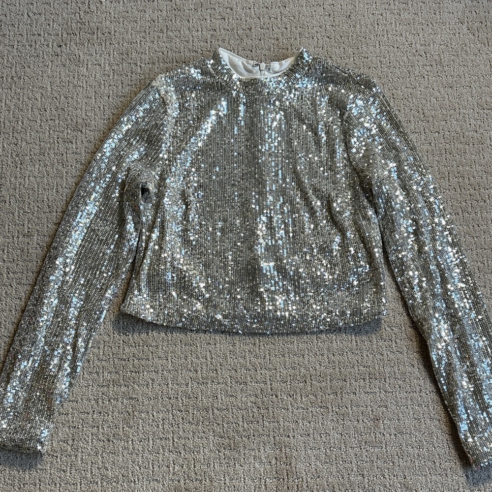 Endless Rose Silver Sequin Women's Long Sleeve Cropped Top Mock Neck XS